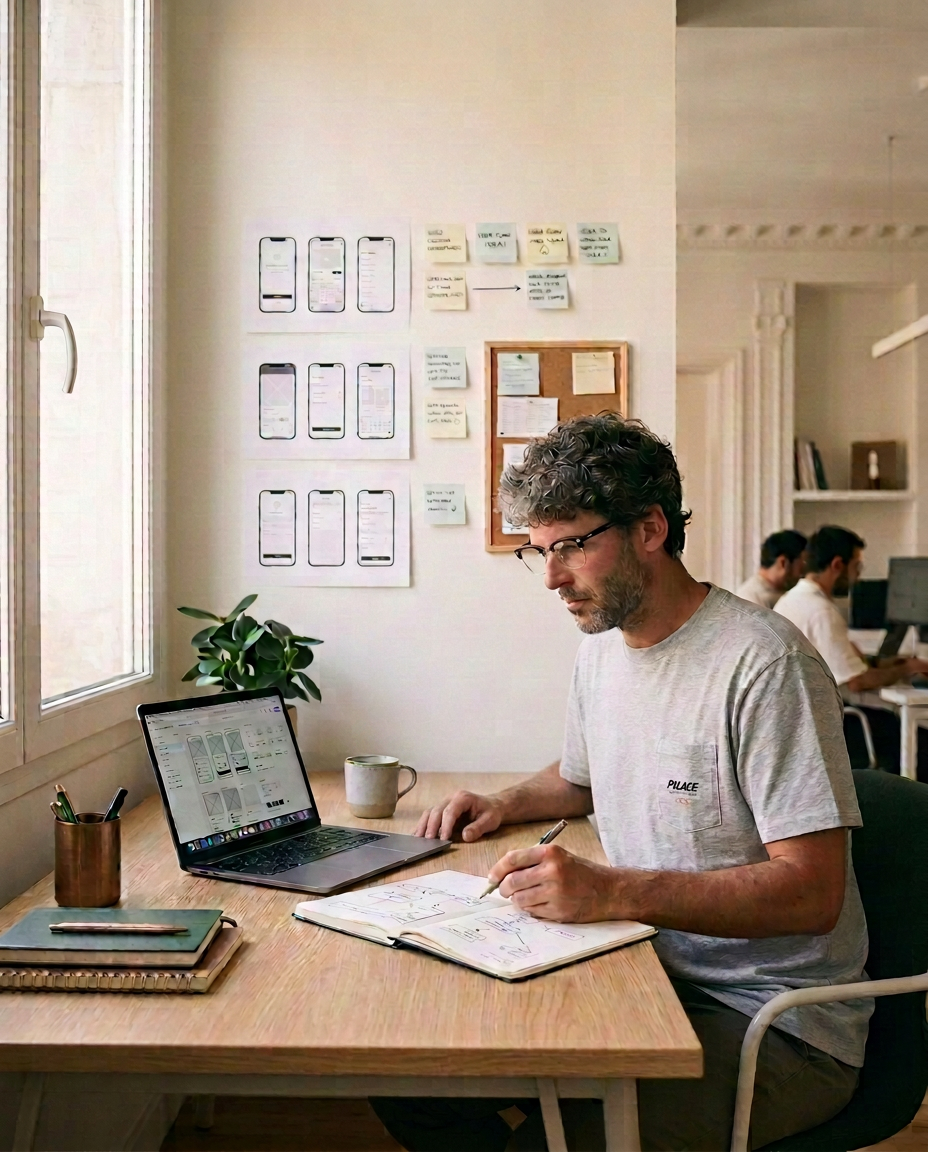 Xabier Cabello trabajando como product designer: wireframes, flujos y design system